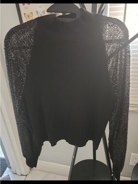 Joseph A Black Turtleneck Sweater with Sheer Knit sequins Sleeves
